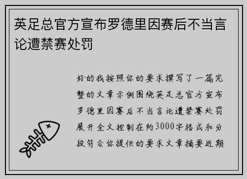 英足总官方宣布罗德里因赛后不当言论遭禁赛处罚